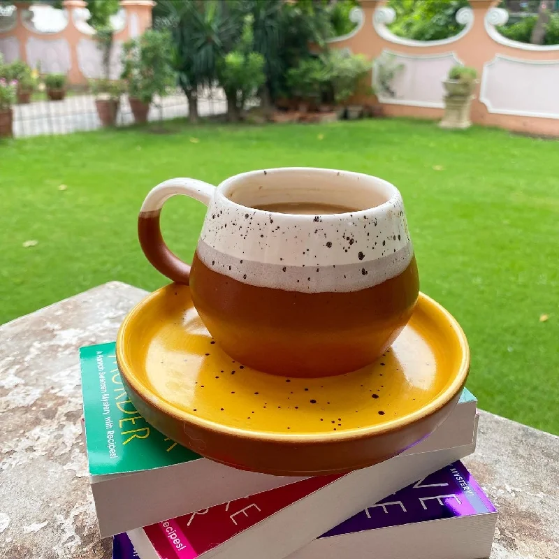 Shatter-resistant glass cups-White and terracotta Malmo mug with matching yellow 6” snacking plate