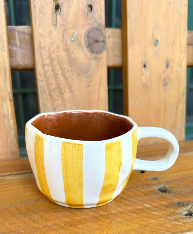 Double-walled glass tumblers-Yellow stripes & terracotta wobbly mug. Capacity 180ml.