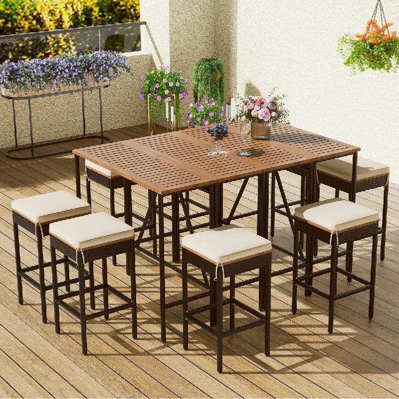 Sleek stainless wall art-10-Piece Wicker Acacia Wood Bar Height Outdoor Dining Set with 2 Foldable Tables, 8 Cushioned Stools