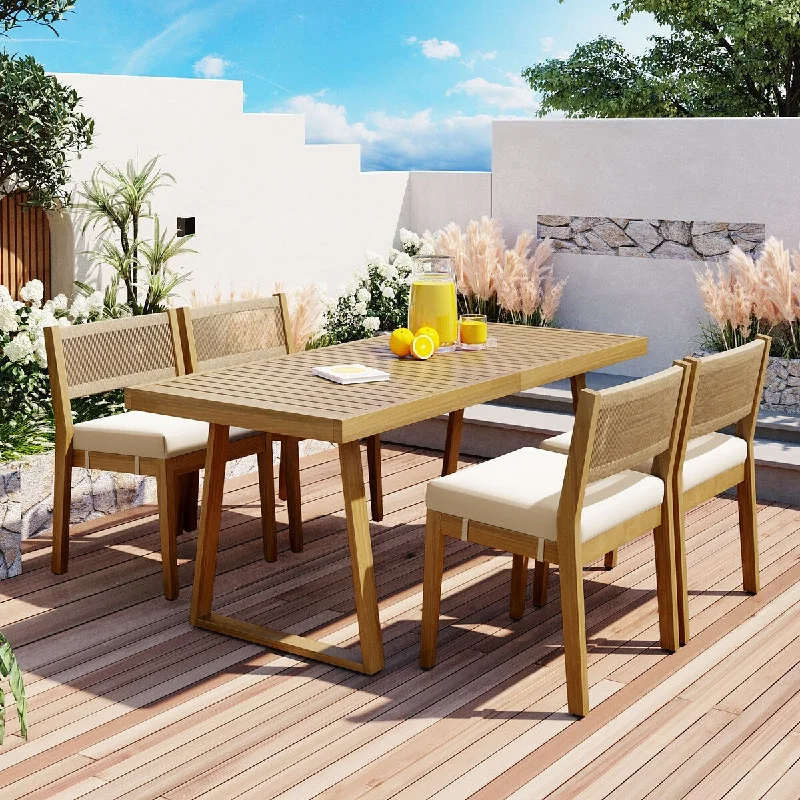 Bold yellow wall frames-5-Piece Outdoor Acacia Wood Dining Set, Patio Dining Table and Chair Set for 4 Persons, Patio Conversation Set w/ Thick Cushion