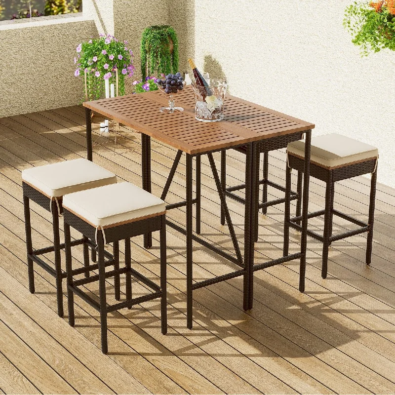 Floral tapestry cushions-5-Piece Wicker Acacia Wood Bar Height Outdoor Dining Set with Foldable Table and Beige Cushions