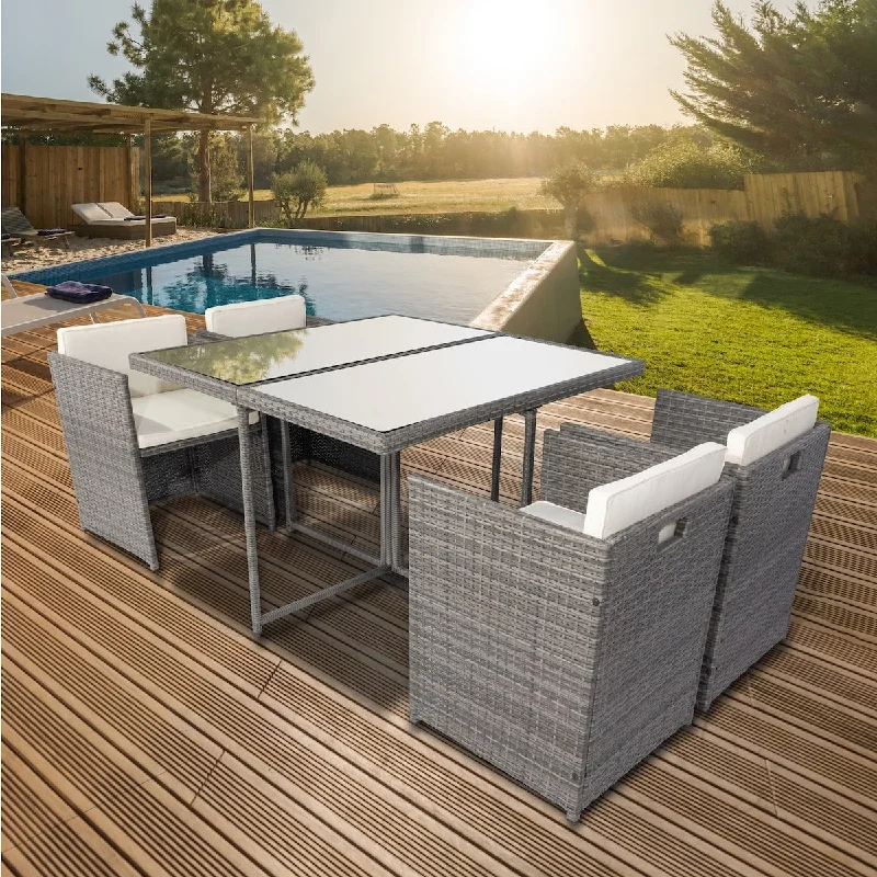 Modern abstract wall shelves-5 Pieces Patio Dining Sets Outdoor Space Saving Rattan Chairs with Glass Table Cushioned Seating