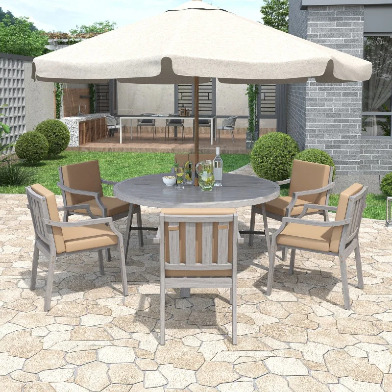 Cute kids’ wall clocks-7-Piece Outdoor Dining Set for 6 Persons, Outdoor Wooden Dining Table Set with an Umbrella Hole and Removable Cushions for Patio