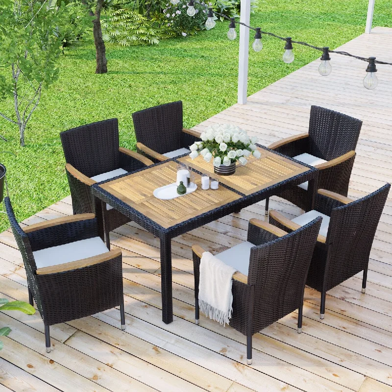 Retro ceramic table coasters-7-Piece Outdoor Patio Dining Set,PE Rattan Dining Table,Chairs Set,Acacia Wood Tabletop,Stackable Armrest Chairs with Cushions