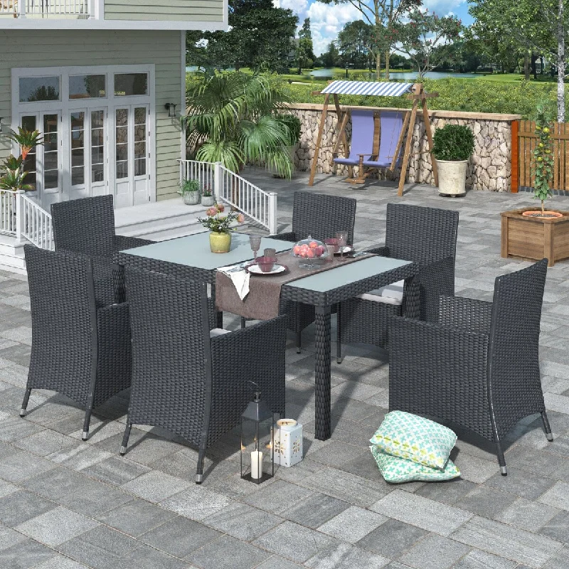 Luxury velvet wall mirrors-7-Piece Outdoor Wicker Dining Set, Rattan Dining Table Set and 6 Chairs with Beige Cushions