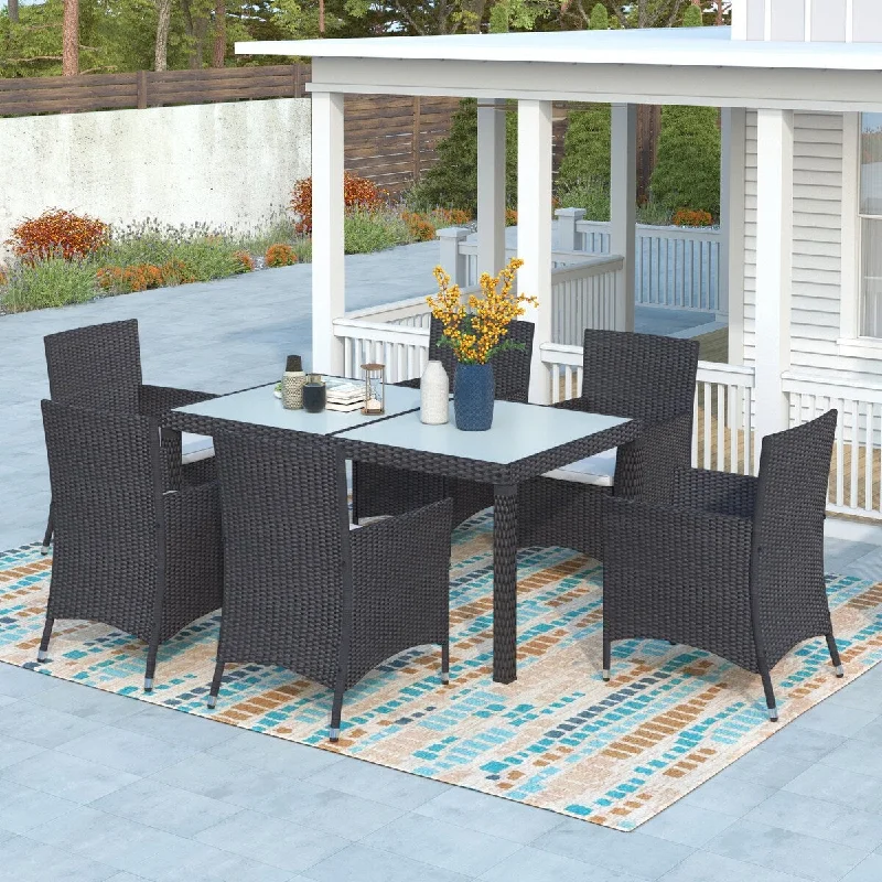 Modern geometric wall mirrors-7-piece Outdoor Wicker Dining set with Beige Cushions - N/A