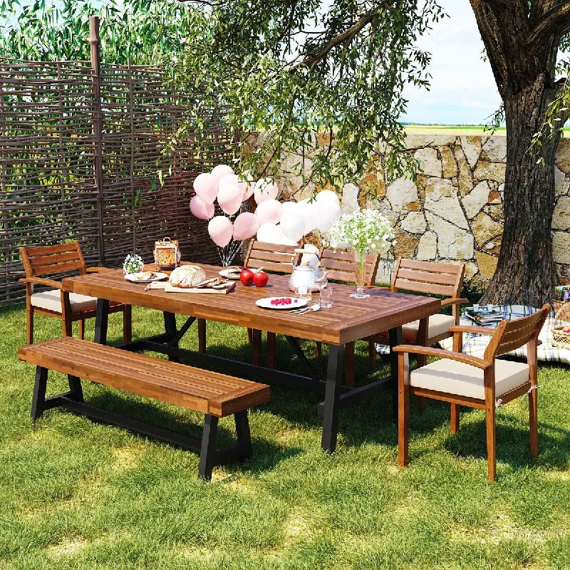 Cute animal-themed rugs-Natural 7-Piece Acacia Wood Outdoor Dining Set with Beige Cushions and Bench