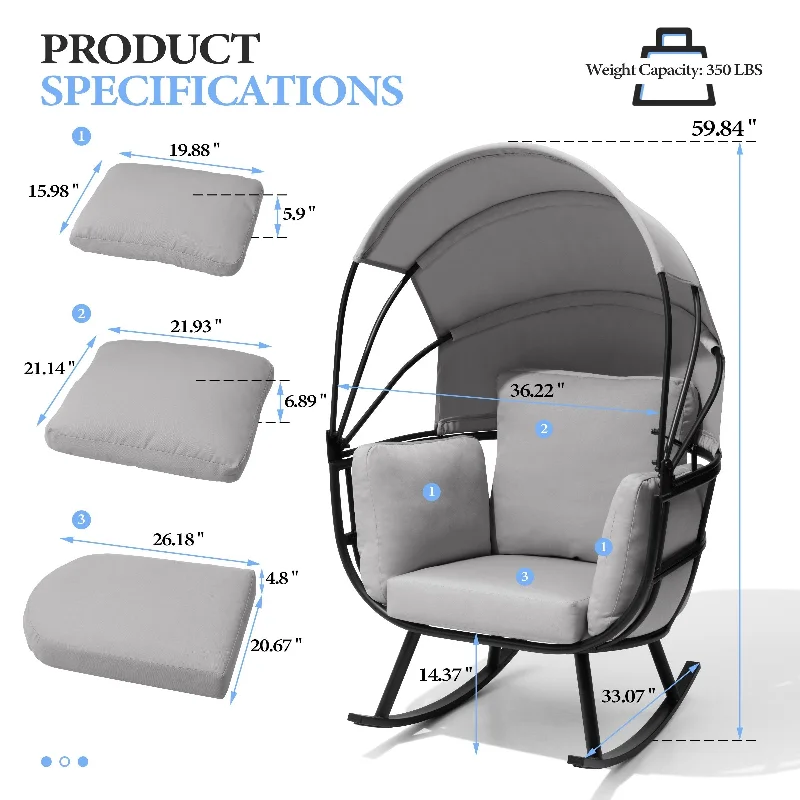 Cute kids’ wall decals-Outdoor Egg Rocking Chair with Foldable Canopy with Cushion by Crestlive Products