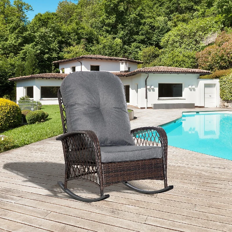 Stylish rattan storage bins-Outsunny Outdoor Wicker Rocking Chair with Widen Seat, Thickened Cushion, Rattan Rocker with Steel Frame