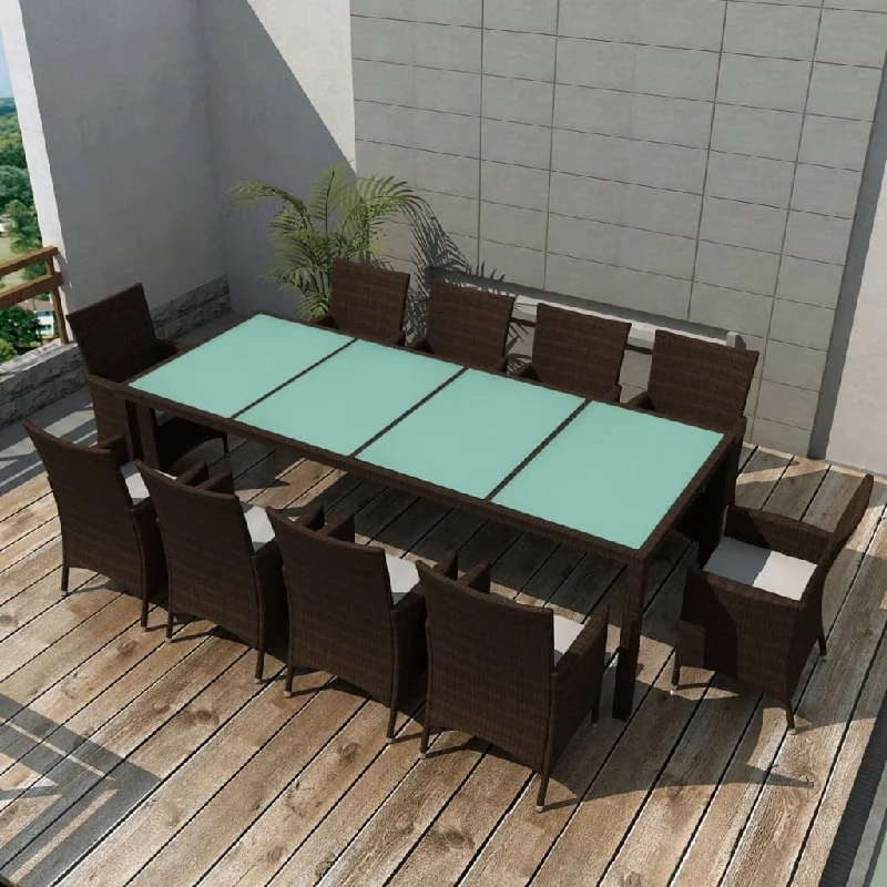 Handmade ceramic vases-11 Piece Patio Dining Set with Cushions Poly Rattan Brown