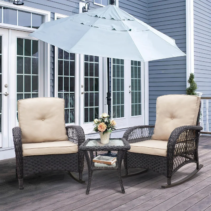 Elegant gold accent mirrors-3 Piece Outdoor Patio Furniture Set, Outdoor Wicker Bistro Set, Two Handcrafted Rocked Chairs, with Cushions and Coffee Table