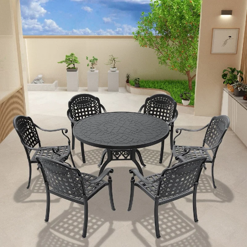 Stylish woven storage baskets-7-Piece Cast Aluminum Patio Dining Set with Seat Cushions In Random Colors, Retro Style Outdoor Dining Table Chairs