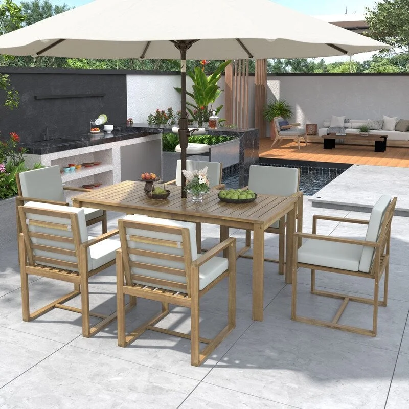 Bold yellow accent rugs-7-Piece Patio Dining Set, Outdoor Dining Table and Chair Set with Umbrella Hole and Removable Cushions for Patio, Backyard