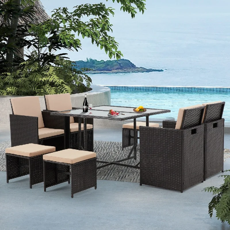 Modern abstract wall shelves-9-Piece Patio Outdoor Wicker Dining Furniture Set with Beige Cushions