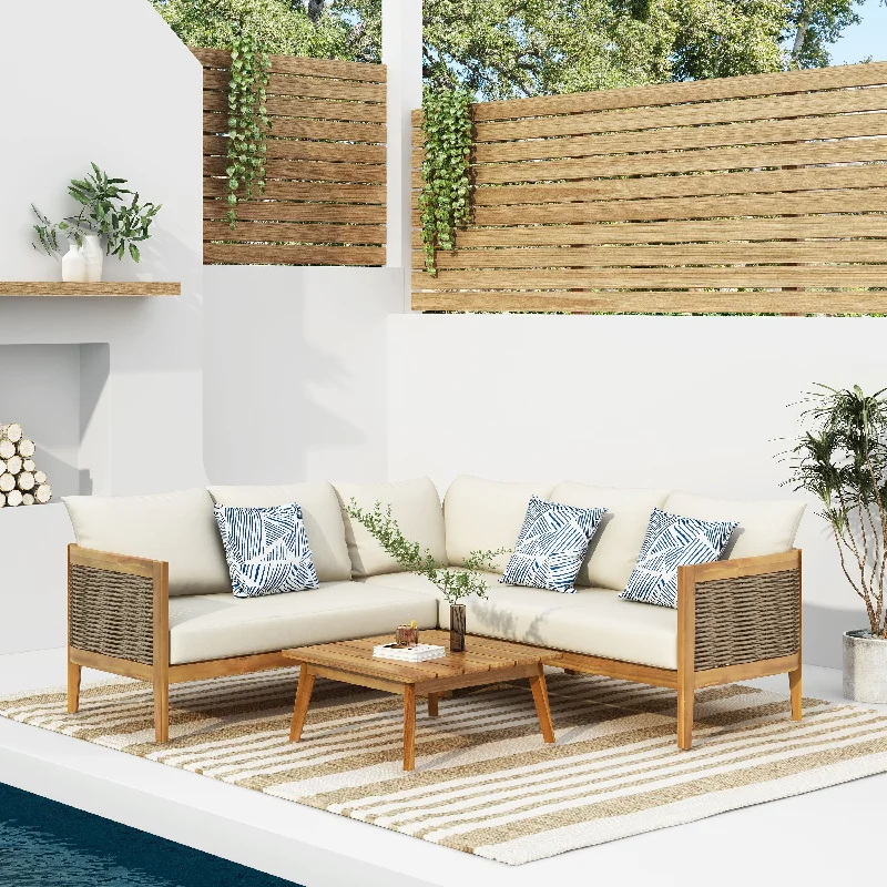 Luxury gold wall mirrors-Burchett Outdoor Acacia Wood and Round Wicker 5 Seater Sectional Sofa Chat Set with Cushions by Christopher Knight Home