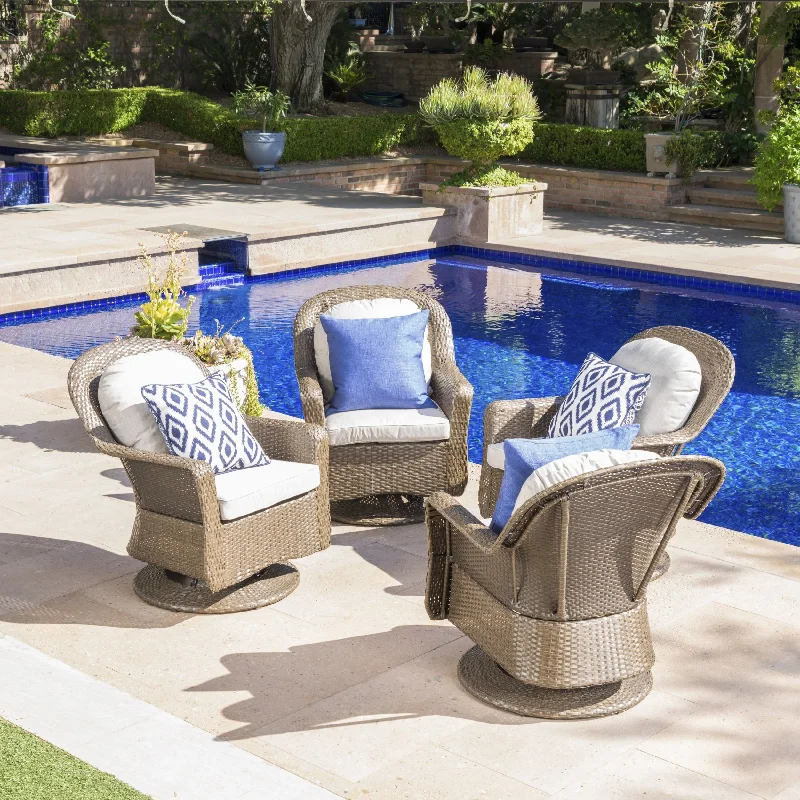 Elegant gold plant pots-Liam Wicker Outdoor Swivel Club Chairs w/ Cushions (Set of 4) by Christopher Knight Home