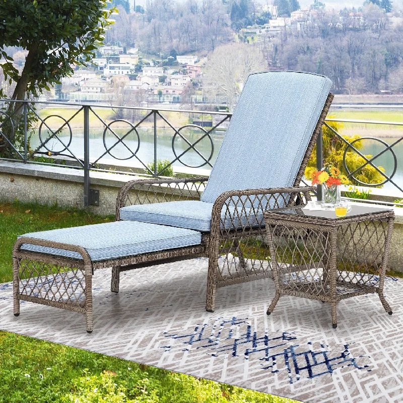 Modern geometric wall mirrors-Outdoor Patio PE Rattan Wicker Chaise Lounge with Light Blue Cushion