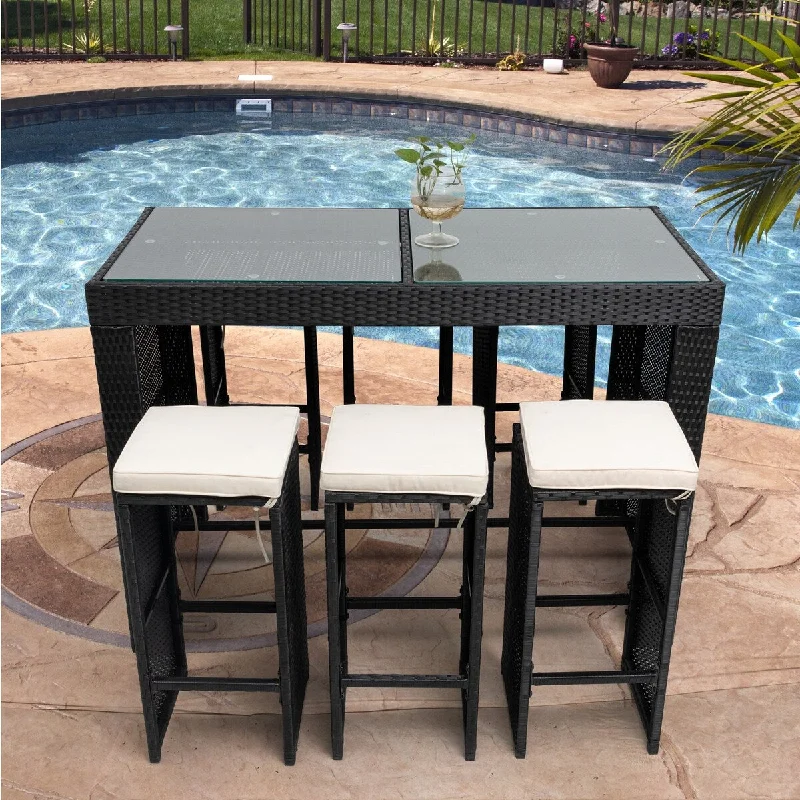 Luxury velvet curtains-Outdoor Wicker 7 Piece Dining Set with Creme Cushion and Hight Table