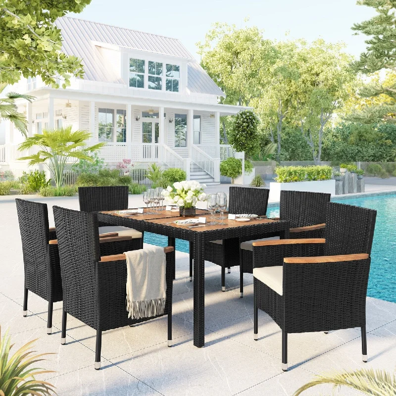 Cozy knit wall tapestries-Outdoor Wicker 7-Piece Dining Set with Cushions and Wood Tabletop