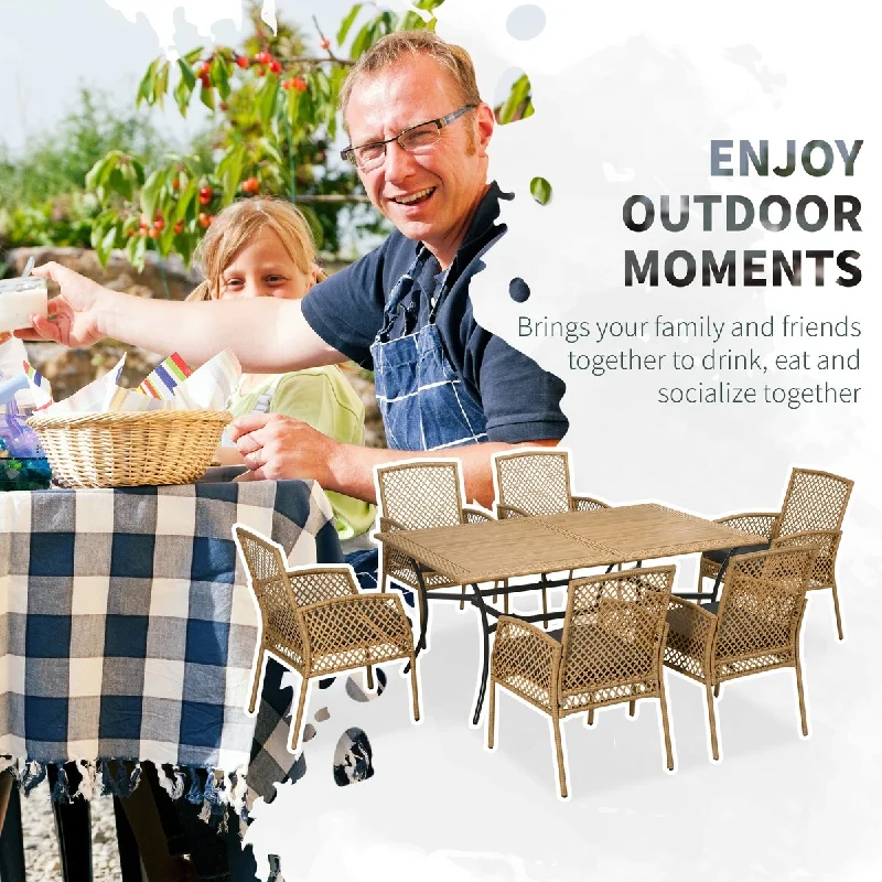 Rustic burlap accent pillows-Outsunny Outdoor Patio Dining Set, 7 Pieces, 6 Chairs with Cushions, Arm rests, PE Rattan, 1 Outdoor Table, Composite, Gray