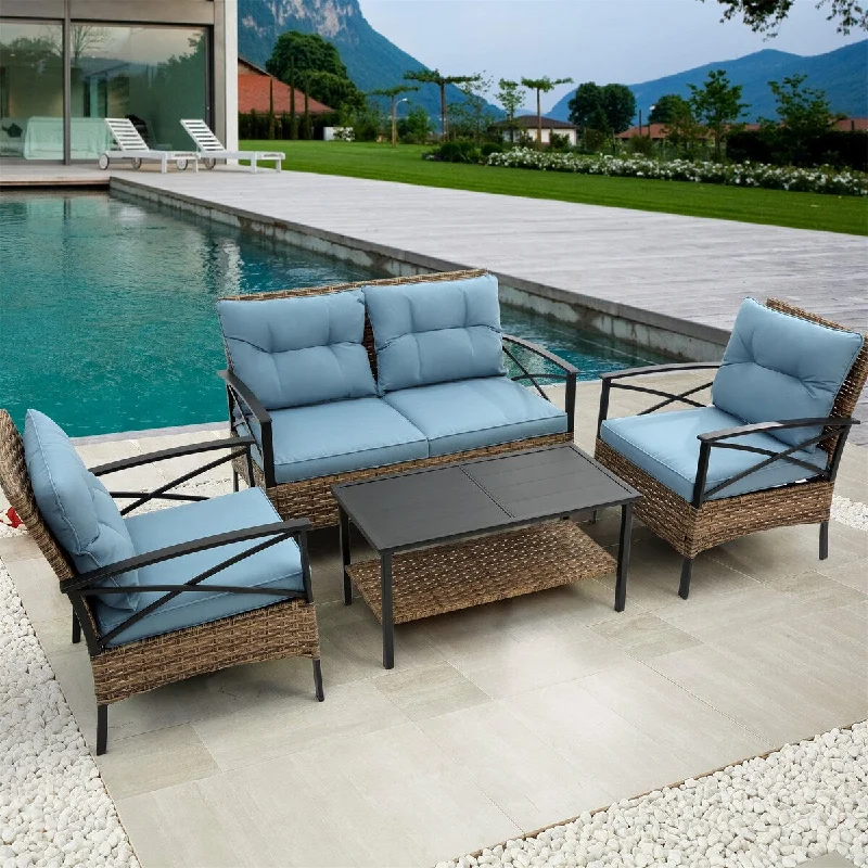 Elegant gold accent mirrors-Patio 4 piece Rattan Outdoor Garden Corner Sofa Set with Cushion