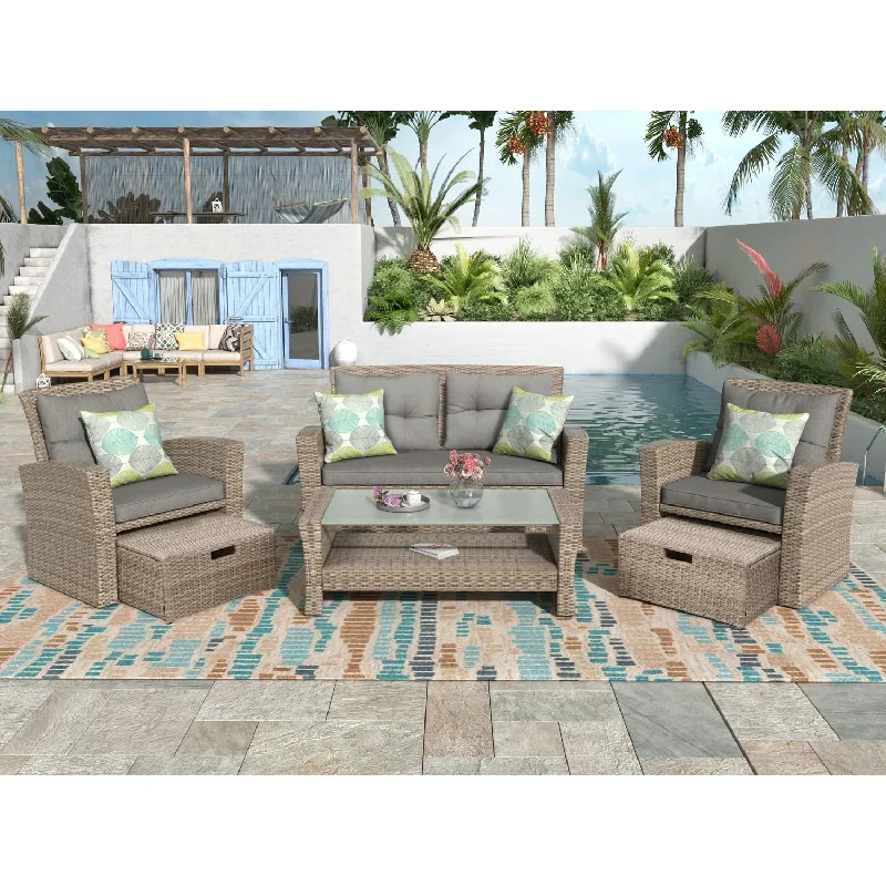 Bold black table runners-Patio Furniture Set, 4 Piece Outdoor Conversation Set All Weather Wicker Sectional Sofa with Ottoman and Cushions