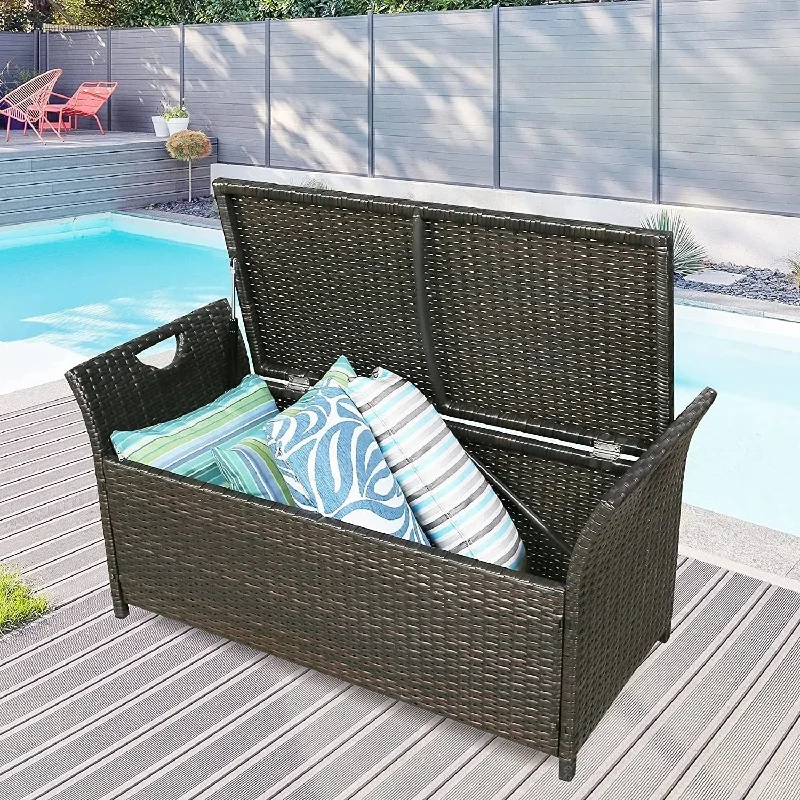 Bold red accent pillows-Patio Wicker Storage Bench Outdoor Rattan Deck Storage Box w/ cushion