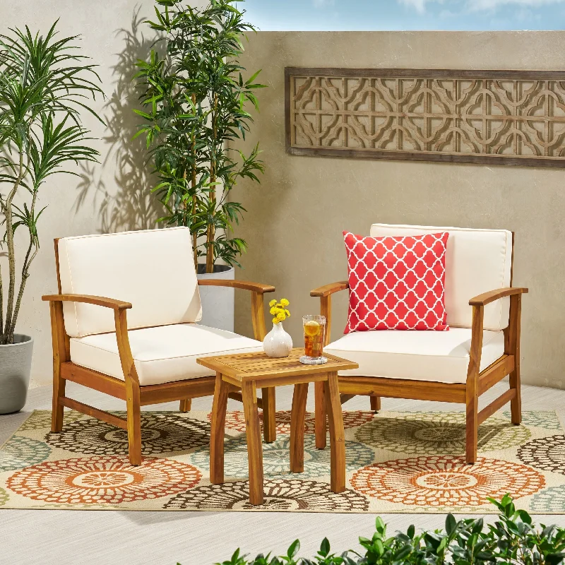 Elegant crystal figurines-Perla Outdoor Acacia Cushioned 3-piece Chat Set by Christopher Knight Home