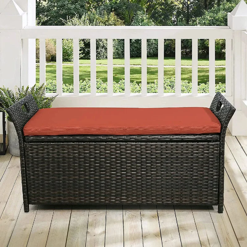 Bold black table runners-Rattan Deck Outdoor Storage Bench, Storage Box with Cushion