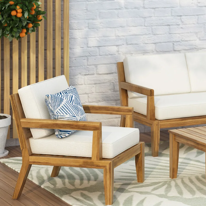 Stylish woven wall decor-Rossville Acacia Wood Outdoor Club Chair with Cushions by Christopher Knight Home