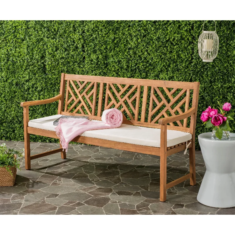 Bold yellow accent rugs-SAFAVIEH Outdoor Genara Solid Wood 3-Seat Bench with Cushion - 23Wx61Dx35H