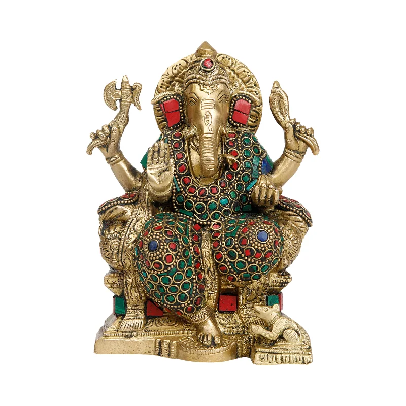 Rustic wooden wall shelves-Brass Antique Ganesh