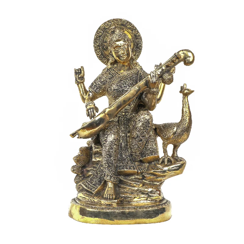 Elegant crystal figurines-Brass Saraswathi With Peacock