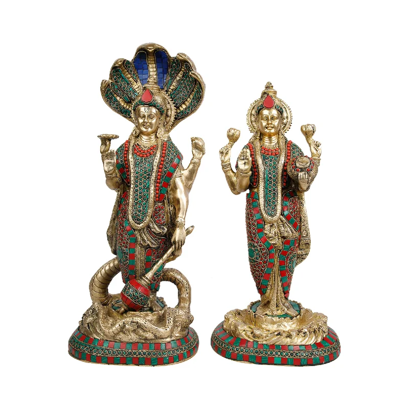 Rustic wooden wall shelves-Brass Vishnu Lakshmi Pair