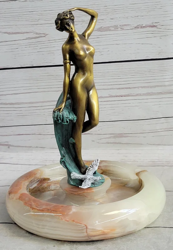 Luxury velvet table lamps-Miguel Lopez Original Nude Girl Onyx Base Bronze Ashtray Art Deco Sculpture