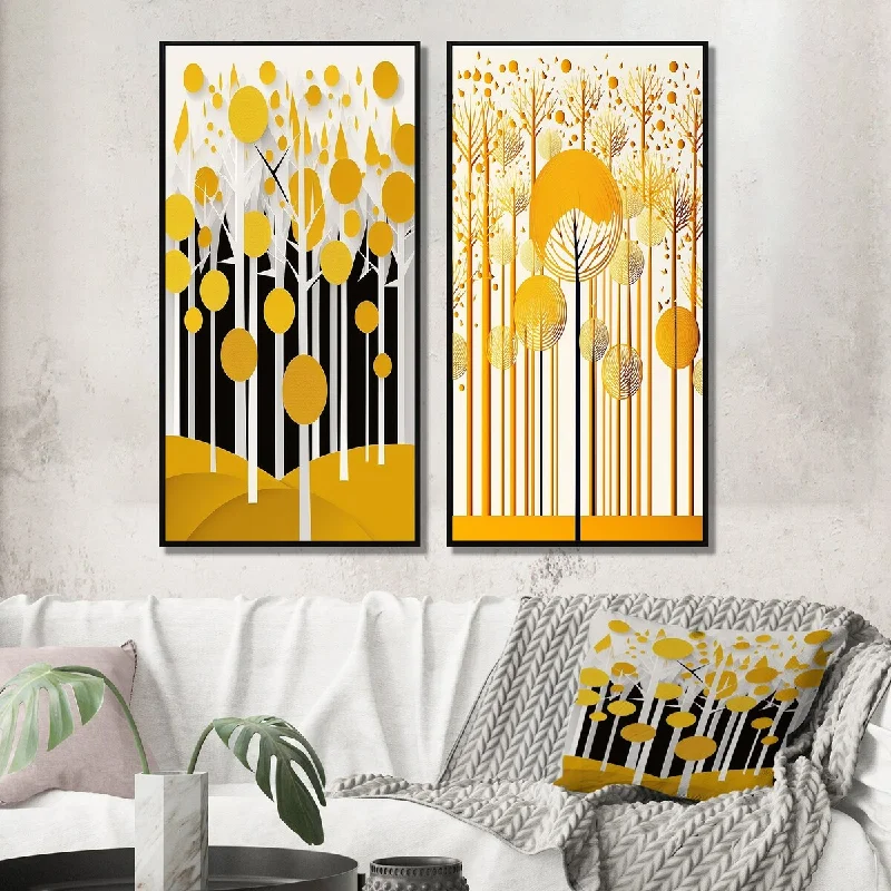 Modern geometric wall mirrors-Designart "Abstract Yellow Forest Minimal Art II" Landscape Trees Wall Art Décor Gallery Set For Office Decor