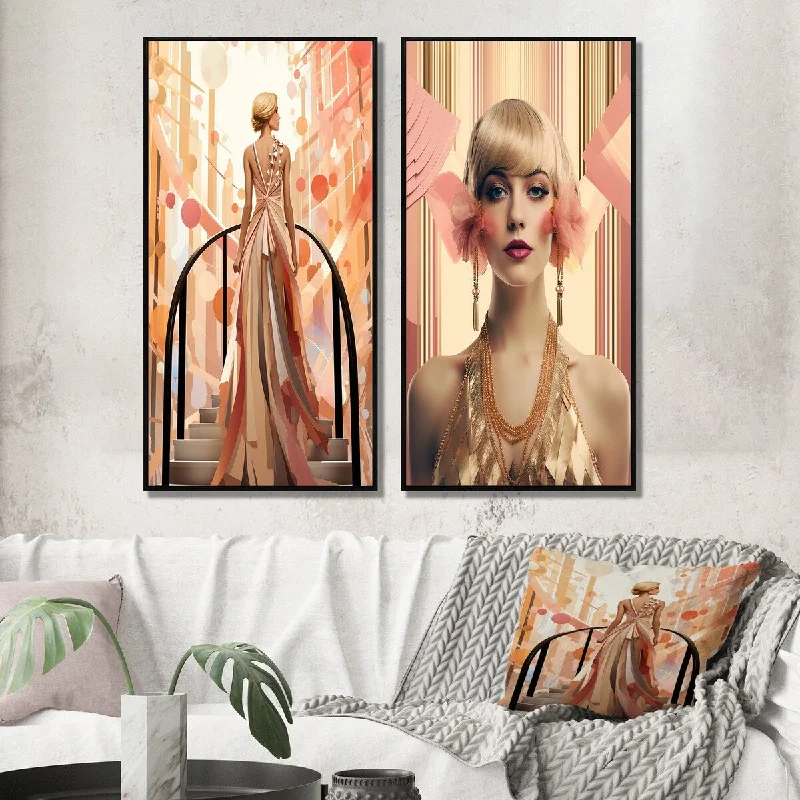 Bold yellow accent rugs-Designart "Art Nouveau Elegant Glamorous Portrait III" Fashion Woman Framed Gallery Set For Office Decor