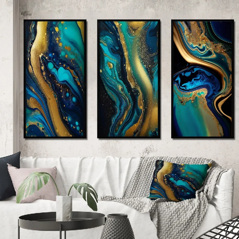 Vintage brass table lamps-Designart "Blue Dreams Liquid Gold And Turquoise Marble II" Abstract Painting Frame Gallery Set Of 3 For Office Decor