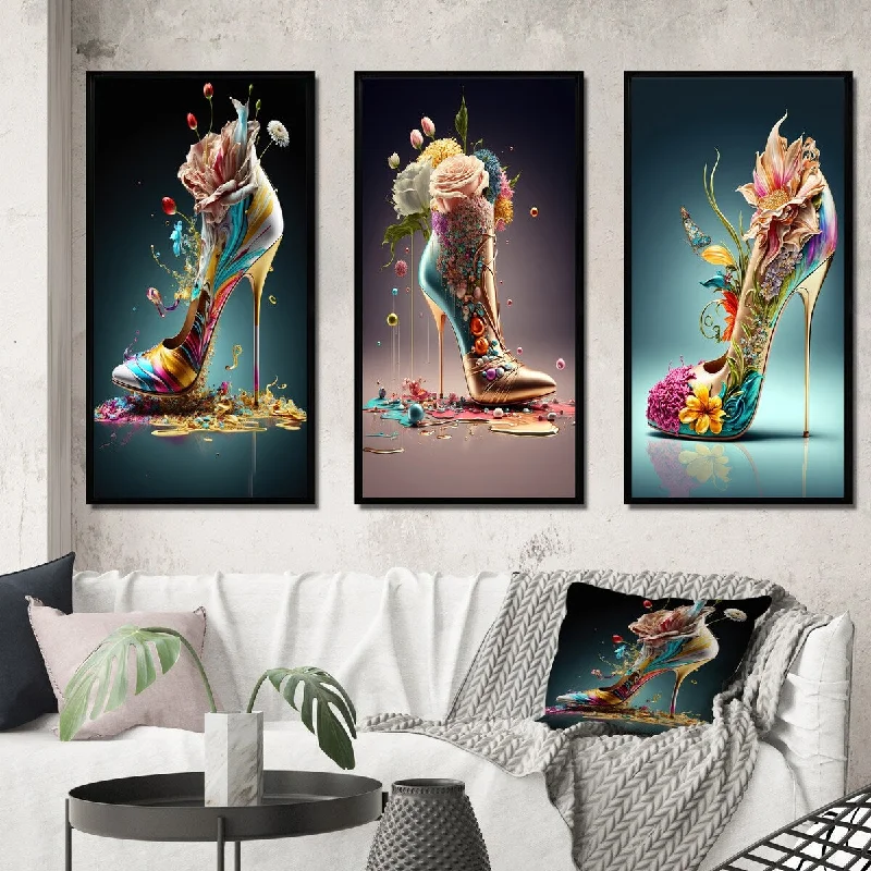 Elegant gold plant pots-Designart "Blue Floral Hight Heels II" Fashion Framed Wall Art Set Of 3 - Glam Frame Gallery Wall Set For Home Decor