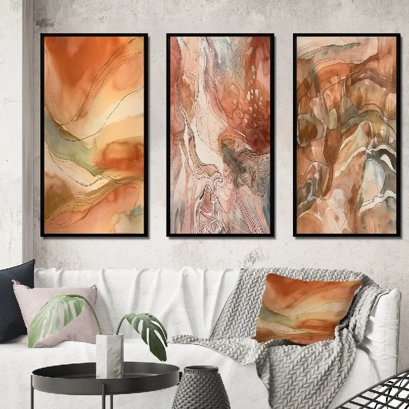 Luxury marble throw pillows-Designart "Chocolate Dreams Terra Cotta Abstract II" Abstract Painting Frame Gallery Wall Set Of 3 For Home Decor