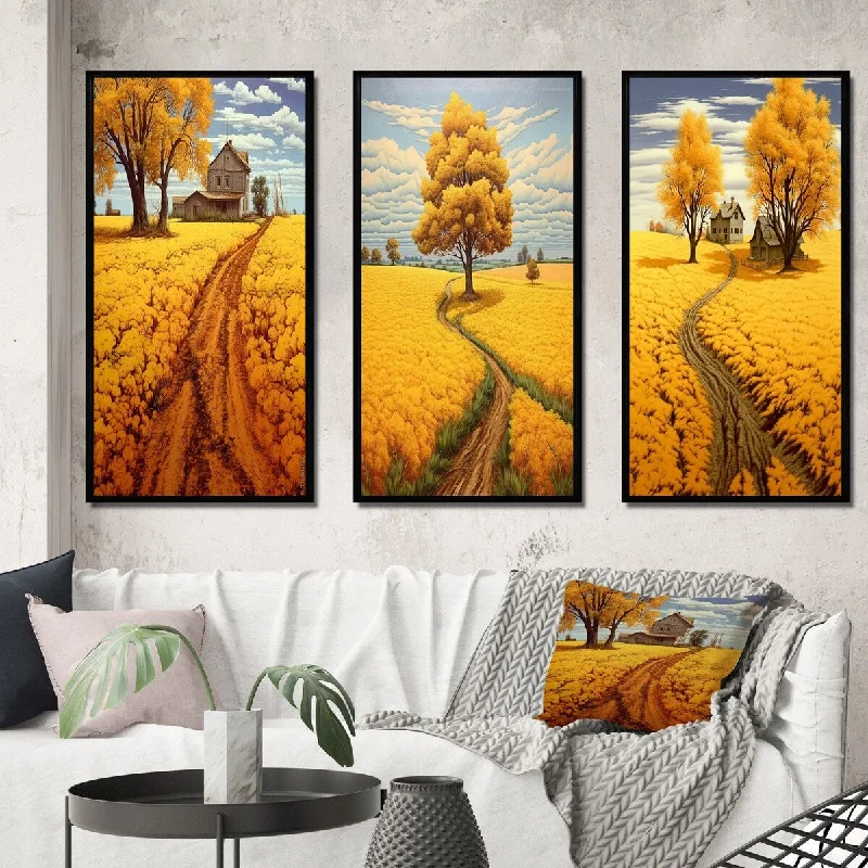 Cozy fleece throw pillows-Designart "Cottage Countryroad Golden Blossoming Fields IV" Meadow Frame Gallery Set Of 3 For Office Decor