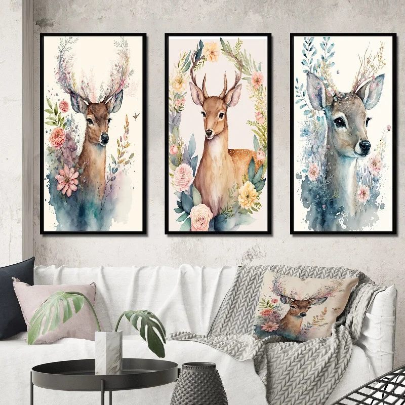 Cute animal-themed cushions-Designart "Cute Little Deer With Pink Flowers" Animal Landscape Frame Gallery Wall Set Of 3 For Home Decor