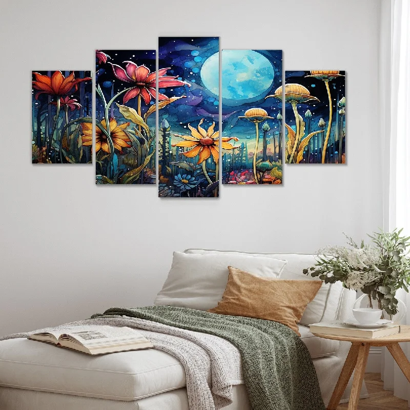 Retro macrame plant hangers-Designart "Fantasy Mushroom Forest Dream II" Abstract Landscapes Set Of 5 Modern Oversized Canvas Art For Bedroom Decor