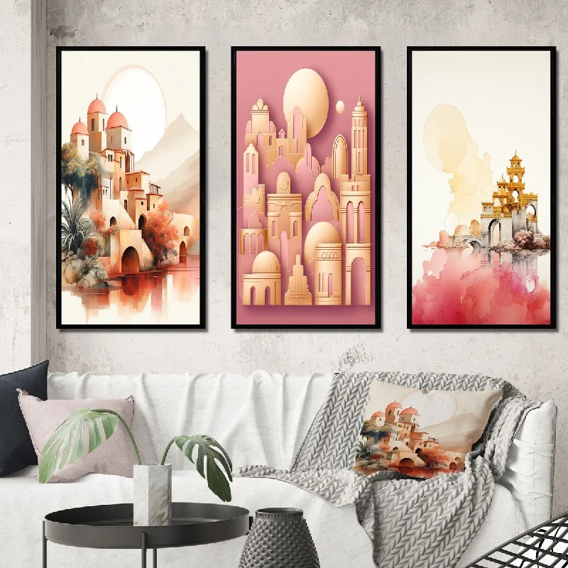 Vintage floral candle lanterns-Designart "Full Moon Ancient Cityscape Terracotta Watercolor" Abstract Frame Gallery Set Of 3 For Office Decor