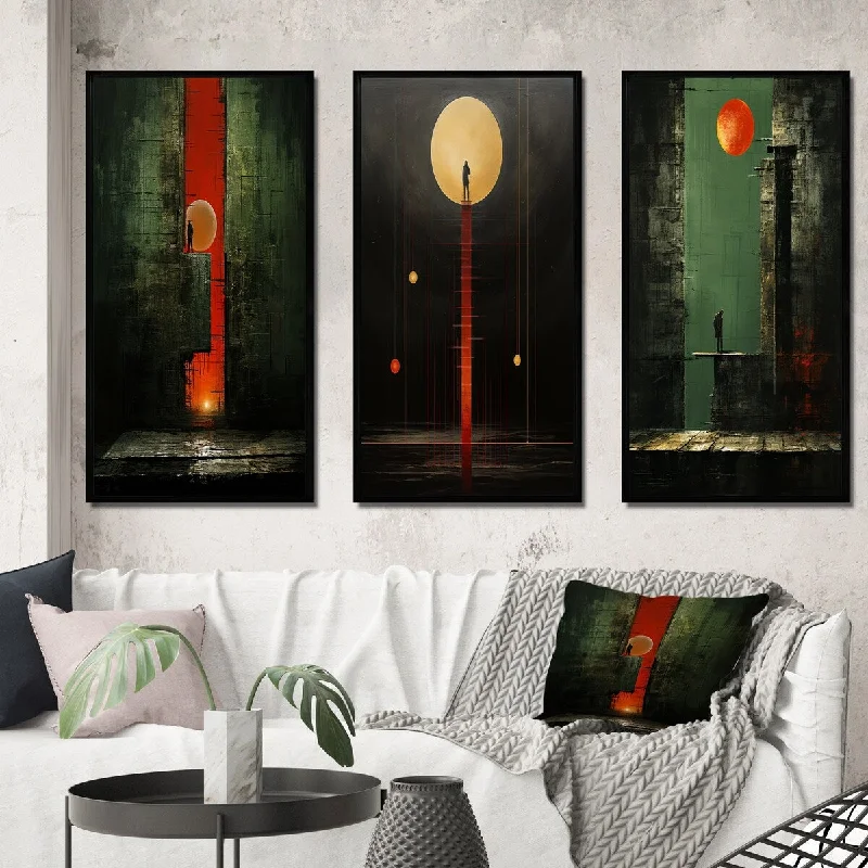 Hand-painted wooden planters-Designart "Full Moon Urban Solitude Retro Minimal IV" Modern Geometric Framed Wall Art Set Of 3 Modern For Office Decor