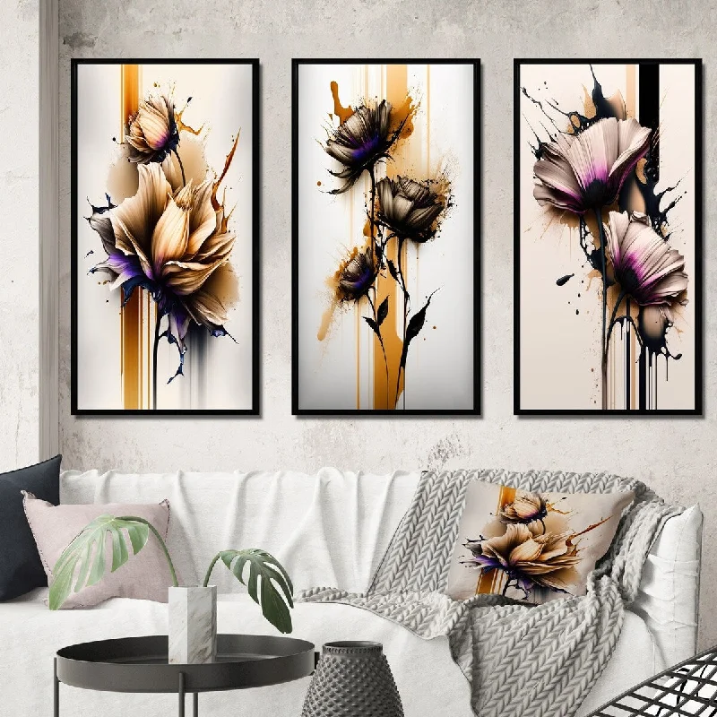 Luxury velvet wall mirrors-Designart "Orange Dahlia Flower On Abstract Fusion IV" Floral & Botanical Frame Gallery Set Of 3 For Office Decor