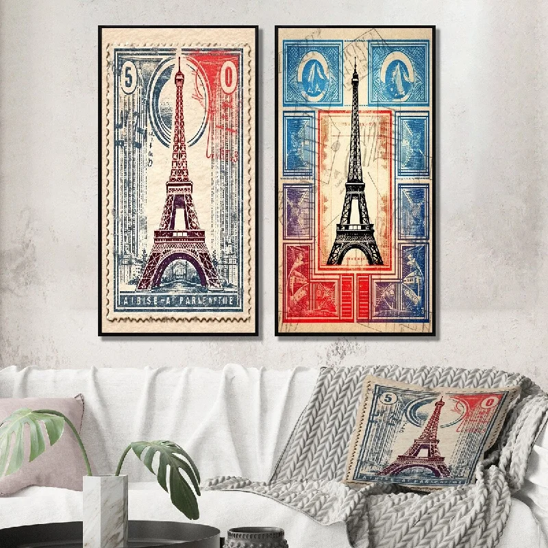 Rustic wooden candle holders-Designart "Retro Stamp Illustration Paris Eiffel Tower I" City Paris Wall Art Décor Gallery Wall Set For Home Decor