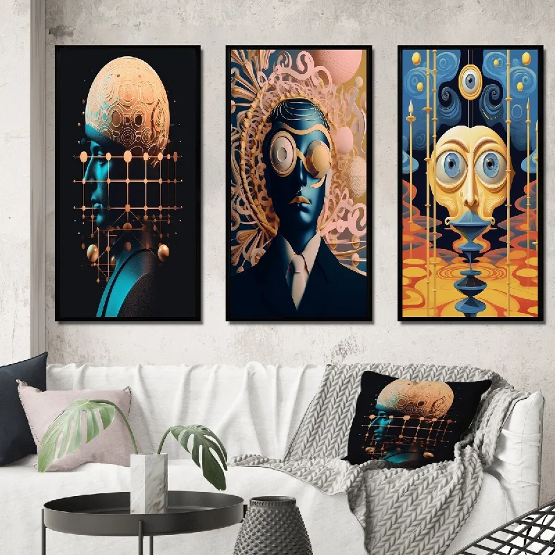 Sleek stainless steel sculptures-Designart "Sci-Fi Portrait Of Blue Future Man" Man Framed Wall Art Set Of 3 - Glam Frame Gallery Set For Office Decor