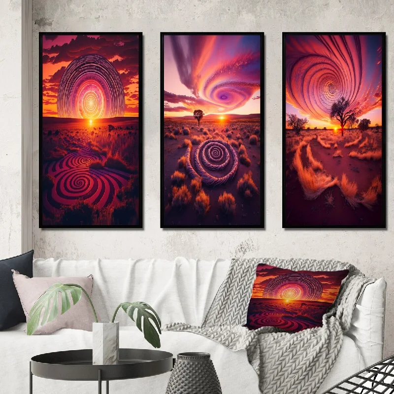 Stylish woven wall baskets-Designart "Vibrant Pink Stunning Sunset Spiral Land Art II" Storms Frame Gallery Set Of 3 For Office Decor