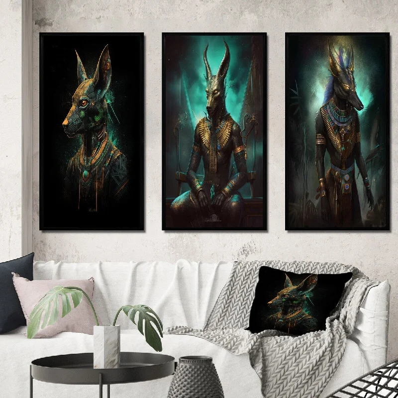 Sleek stainless wall art-Designart "Vintage Anubis Ancient Egyption Jackal God VIII" Egyptian Woman Frame Gallery Set Of 3 For Office Decor